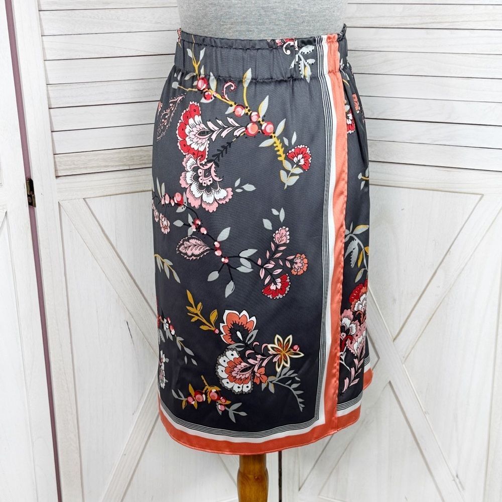 Loft Floral Satin Faux Wrap Scarf Skirt Grey Coral Medium